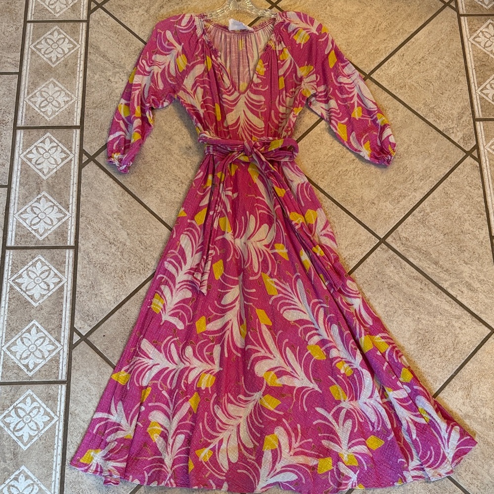 Elegant Pink and Yellow Long Sleeve Maxi Dress